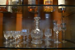 Cut Glass Decanter, Sherry Glasses, etc.