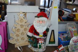 Wooden Light Up Tree, Santa, and a Reflection Ligh