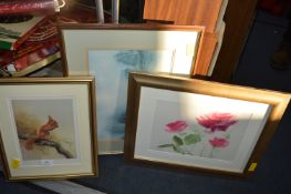 Signed Framed Prints; Squirrels, Roses, etc.