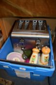 Large Tub of Household Goods; Toaster, Teapots, et