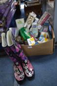 Toiletries, Hair Brushes, and a Pair of Wellies