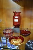 Cranberry Glass Vase, Flower Posy and Dishes