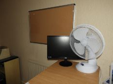 *AOC Monitor, Desktop Fan, and a Corkboard