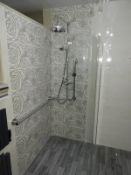 *Walk-In Curved Glass Shower Enclosure with Handrail, Riser Rail, and Waterfall Shower Head