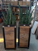 2 x Wooden Outdoor Planters With Artificial Plants - Dimensions: 40 x 40 x H150cm - Pre-owned