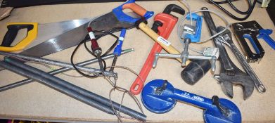 Approx 13 x Various Tools Including Glass Sucker, Drain Rods, Saws, Clamps, Large Spanners & More