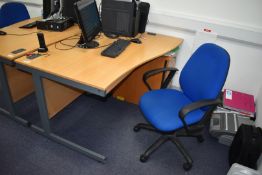 1 x Right Hand Beech Office Desk With Swivel Office Chair and Drawer Pedestal Desk Width 140 cms