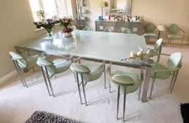 1 x Large Dining Table With 14 Chairs - Contemporary Design With Smoked Glass Top, Silver Metal
