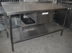 1 x Stainless Steel Commercial Kitchen Prep Bench With Drawer, Undershelf, And Upstand - Dimensions: