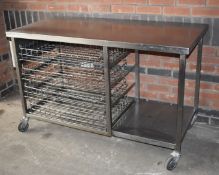 1 x Mobile Stainless Steel Prep Table With Four Pull Out Chrome Wire Baskets and Castor Wheels -