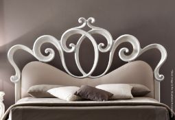 1 x Kingsize Divan Bed With An Ornate CorteZari Italian Headboard In Silver Upholstered In White