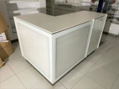 1 x L Shape Retail Counter in White With Advertising Light Boxes and Storage Cabinets With Cable