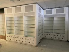 7 x Upright Retail Display Units Featuring Adjustable Glass Shelves, Storage Drawers With Pull