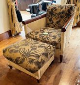 1 x DONGHIA Designer Colonial-style Cane Chair With Matching Footstool And Upholstered Cushions