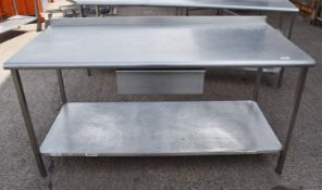 1 x Stainless Steel Mobile Kitchen Prep Table With Undershelf and Central Drawer - Dimensions: H87 x