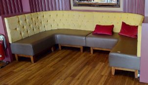 1 x Seating Booth With Yellow Studded Fabric Backs and Faux Leather Seat Pads - Approx Length 300