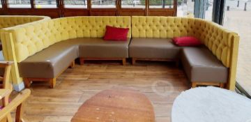 1 x Seating Booth With Yellow Studded Fabric Backs and Faux Leather Seat Pads - Approx Length 370