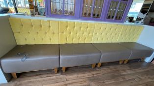 1 x Four Section Seating Bench With Yellow Studded Fabric Back and Faux Leather Seat Pads - Approx