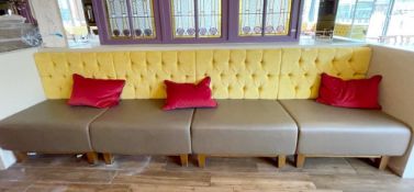 1 x Four Section Seating Bench With Yellow Studded Fabric Back and Faux Leather Seat Pads - Approx