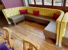 1 x Seating Booth With Yellow Studded Fabric Backs and Faux Leather Seat Pads - Approx Length 370