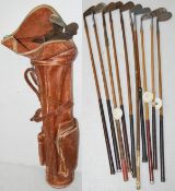 1 x Vintage Leather 'Gleneagles' Golf Bag With 10 x Assorted Branded Clubs - Ex-Display Props - Ref: