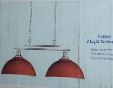 1 x SearchlightFusion 2 Light Ceiling Bar Light - Satin Silver Finish With Red Metal Shades - Type