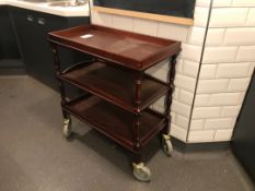 Three tier wooden wheeled serving trolley