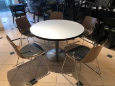 Large pedestal table with five designer modern chairs