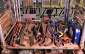 Various Hand Tools - Crowbar, Hand Saws, Bolt Cutter, 8x C-Spanner 6 inch Tools, Blue Tool Box