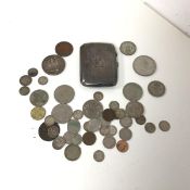 An Edwardian Birmingham silver engine turned cigarette case (61.07g) and a collection of coins