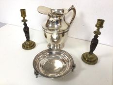 An Elkington & Co. Epns footed dish (3cm x 18cm), an Epns water jug and two brass and bronze