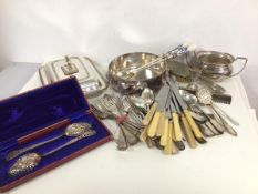 An assortment of Epns including two presentation serving spoons with ceramic handles, inscribed St