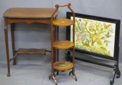 VINTAGE FURNITURE, three items to include an ebonized fire screen enclosing a colourful needlework