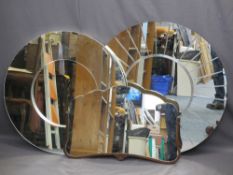TWO MODERN CIRCULAR WALL MIRRORS and a vintage wall mirror half framed in oak, 90cms diameter, 82.