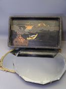 TWO VINTAGE WALL MIRRORS AND AN ORIENTAL LACQUERWORK TRAY