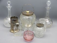 GOOD CUT GLASS BISCUIT BARREL with silver neck and silver lid, each marked Sheffield 1903, handle