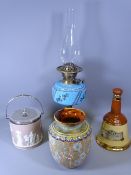 WEDGWOOD JASPERWARE A BISCUIT BARREL, Doulton Slaters vase, a brass based oil lamp and a Wade