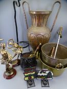VINTAGE COPPER, BRASSWARE, modern candle holders and two copper effect ballerina figurines