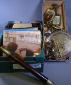 LEATHER BOUND VINTAGE BRASS TELESCOPE, a quantity of brassware and an assortment of classical LPs