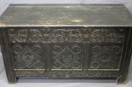 ANTIQUE OAK EFFECT LIDDED COFFER with carved detail, 72cms H, 130cms W, 57cms D