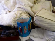 LEATHER SUITCASE OF WHITE BEDSPREADS and a box of mixed linen ETC