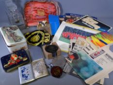 EPHEMERA, COMMEMORATIVE TIN, FOOTBALL COINS, aluminium and electroplate cigarette cases, decanters