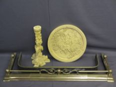 TWO BRASS FIRE FENDERS and an ivorine circular glass top table on a column stand, 118cms and 91.