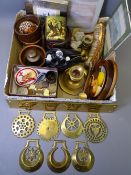 MISCELLANEOUS PARCEL OF SEVEN HORSE BRASSES, two brass door plates, two chambersticks, three treen