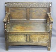 VINTAGE OAK BOX SEAT MONK'S BENCH, 91cms H, 99cms W, 48cms D as a bench (seat split at one end, some