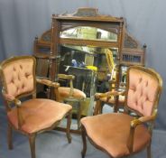 EDWARDIAN OVERMANTLE MIRROR and reproduction button back upholstered armchairs, 135.5cms H, 118.5cms