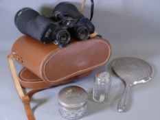 SILVER DRESSING TABLE MIRROR and two dressing table bottles also cased vintage binoculars, 13 x