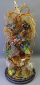 TAXIDERMY - Victorian study of seven colourful exotic birds under a glass dome on a circular