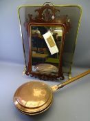ANTIQUE COPPER WARMING PAN with patterned lid and turned handle, a brass framed glass firescreen and