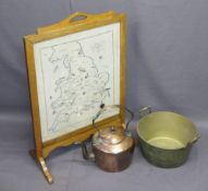 OAK FRAMED FIRE SCREEN with antique copper and brassware, the screen having an embroidered panel